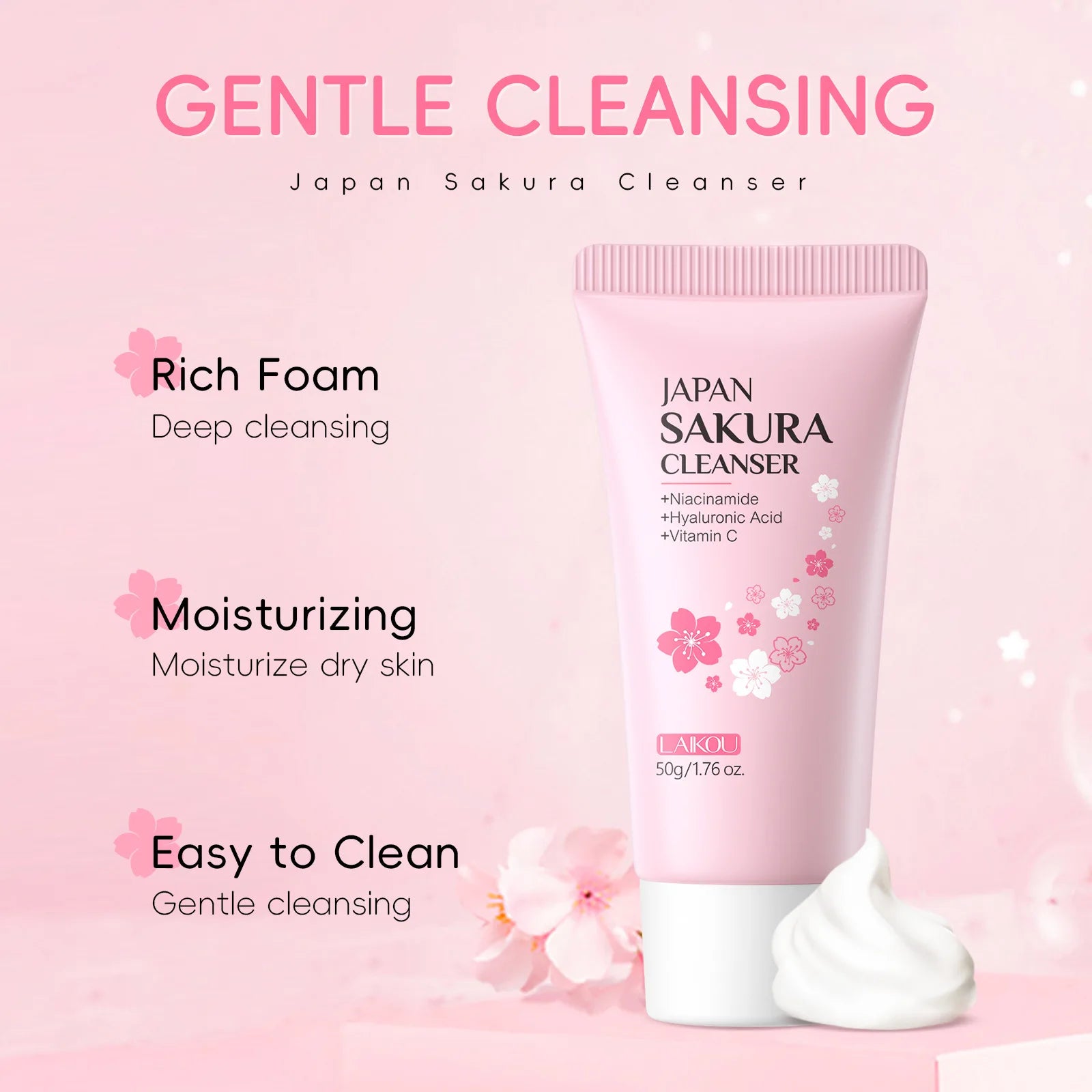 Revitalize Your Skin with Laikou Sakura Facial Cleanser - Deep Cleansing, Oil Control & Brightening Face Wash for All Skin Types - 50g