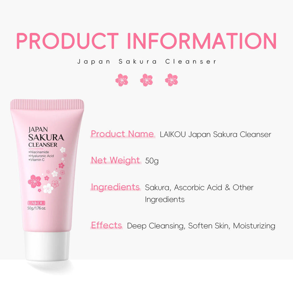 Revitalize Your Skin with Laikou Sakura Facial Cleanser - Deep Cleansing, Oil Control & Brightening Face Wash for All Skin Types - 50g