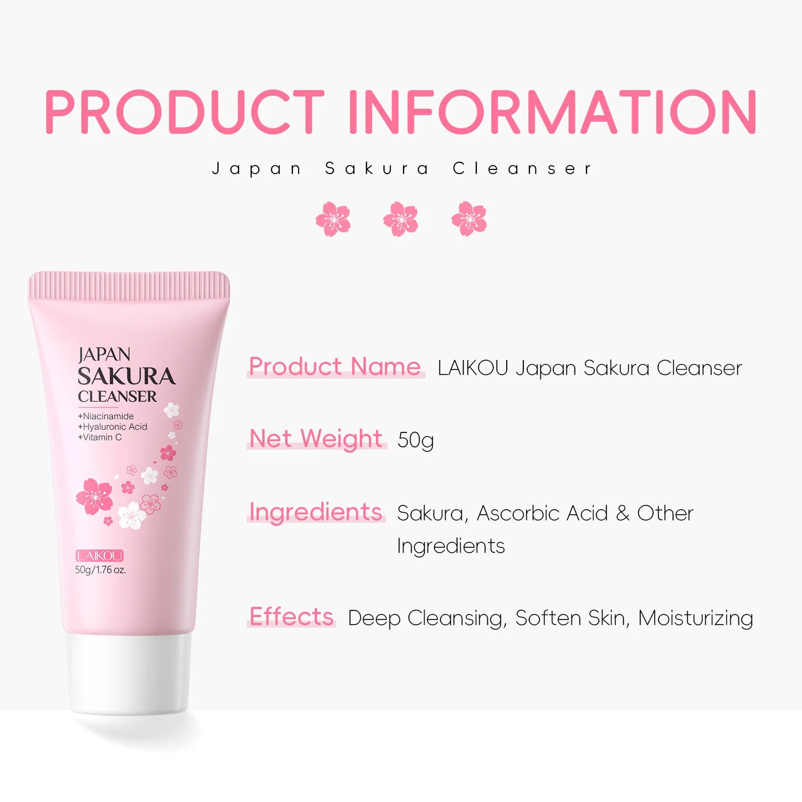 Revitalize Your Skin with Laikou Sakura Facial Cleanser - Deep Cleansing, Oil Control & Brightening Face Wash for All Skin Types - 50g