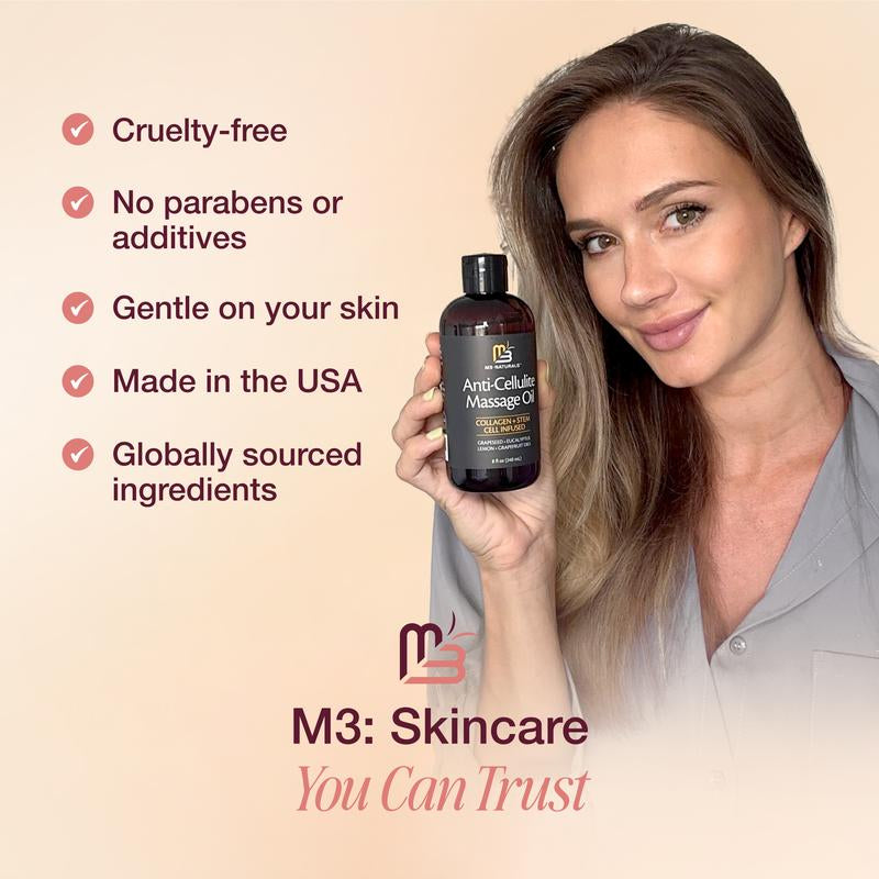 M3 Naturals Cellulite Massage Oil 8Oz - Smooth the Appearance of Cellulite - Body Care & Skin Care Massage Oil - Topical Collagen and Plant Stem Cell Body Oil to Restore Texture and Elasticity - Soothing Body Oil