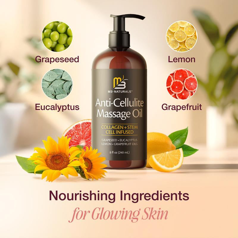 M3 Naturals Cellulite Massage Oil 8Oz - Smooth the Appearance of Cellulite - Body Care & Skin Care Massage Oil - Topical Collagen and Plant Stem Cell Body Oil to Restore Texture and Elasticity - Soothing Body Oil